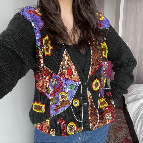 VINTAGE 80’s Multicoloured Beaded  Cardigan Sweater - Picture 1 of 12
